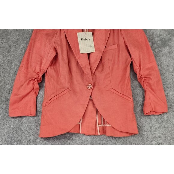 Esley Jacket Womens Medium Coral Linen One Button Cinched Long Sleeve Blazer - Picture 8 of 10